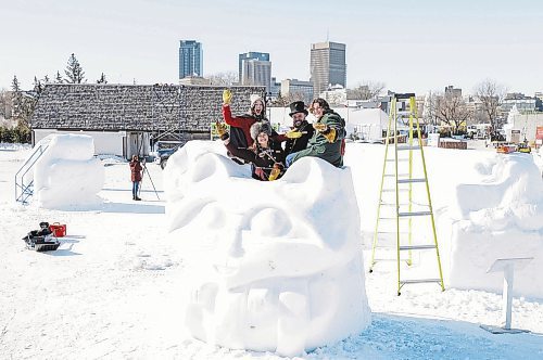 RUTH BONNEVILLE / WINNIPEG FREE PRESS 

ENT/LOCAL - Festival du Voyageur Media kickoff  Festival du Voyageur press conference prior to its opening. 

Natasha Turenne (14yrs) Julie Turenne, Gab-Riel Turenne and Martin Turenne (16yrs) L-R, , sit atop one of the snow sculpture lookouts on the Festival du Voyageur grounds Thursday.

One of the Festival new attractions this year is their snow sculpture lookouts, offering stairs up to the top of select sculptures allowing people to get photos and better views of all the activities taking place on the festival grounds.   
  
The winter festival runs from Feb. 17-26. 

Feb 16th,  2023