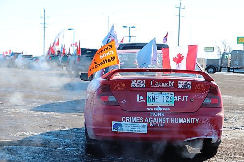 Members of the World Unity Convoy depart from the Husky gas station located off of Highway 1 on Thursday afternoon in Brandon, with the hope of arriving at their final destination in Winnipeg by supper time. (Kyle Darbyson/The Brandon Sun)
