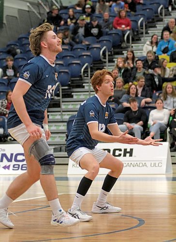 Rylan Metcalf, right, and Max Brook joined the Bobcats in 2018 and grew into starting outside hitters. (Thomas Friesen/The Brandon Sun)