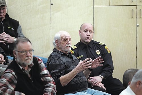 A member of the public expresses concern with the southwest lift station project at a joint Ward 3/4 meeting at Vincent Massey High School on Thursday. (Colin Slark/The Brandon Sun)