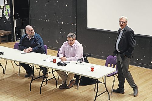 Coun. Barry Cullen (Ward 3, right) speaks during a joint ward meeting at Vincent Massey High School on Thursday evening as the City of Brandon's general manager of operations Patrick Pulak (centre) and Coun. Shaun Cameron (Ward 4, left) look on. (Colin Slark/The Brandon Sun)