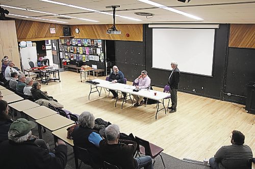 Left to right: Coun. Shaun Cameron (Ward 4), Brandon general manager of operations Patrick Pulak and Coun. Barry Cullen (Ward 3) speak during a joint ward meeting at VIncent Massey High School on Thursday. (Colin Slark/The Brandon Sun)