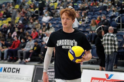 Rylan Metcalf wears a "Jacquie's Crew" shirt before a 2021 match. The Bobcats had the shirts made to support Metcalf's mother during her battle with cancer. (Thomas Friesen/The Brandon Sun)