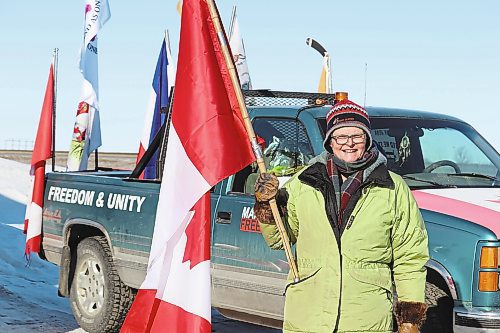 Brandon resident Echo Maguire poses for a photo at the Husky gas station located off of Highway 1 on Thursday morning as she waits for the World Unity Convoy to arrive. (Kyle Darbyson/The Brandon Sun)