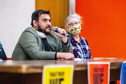 MIKAELA MACKENZIE / WINNIPEG FREE PRESS

Omar Kinnerith, community organizer with Defend Winnipeg, speaks at an event launching Community Solidarity Manitoba, a coalition against the far right, at Broadway Disciples United Church in Winnipeg on Thursday, Feb. 16, 2023.  For Carol story.

Winnipeg Free Press 2023.