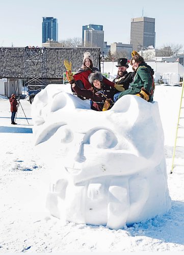 RUTH BONNEVILLE / WINNIPEG FREE PRESS 

ENT/LOCAL - Festival du Voyageur Media kickoff  Festival du Voyageur press conference prior to its opening. 

Natasha Turenne (14yrs) Julie Turenne, Gab-Riel Turenne and Martin Turenne (16yrs) L-R, , sit atop one of the snow sculpture lookouts on the Festival du Voyageur grounds Thursday.

One of the Festival new attractions this year is their snow sculpture lookouts, offering stairs up to the top of select sculptures allowing people to get photos and better views of all the activities taking place on the festival grounds.   
  
The winter festival runs from Feb. 17-26. 

Feb 16th,  2023
