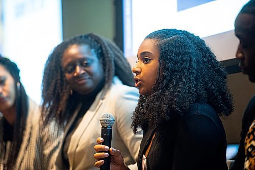 Mike Sudoma/Winnipeg Free Press
Young hockey player Adinah Sheppard talks to the audience about racial hardships she&#x2019;s faced while playing hockey after a viewing of Black Ice at the Canadian Museum of Human Rights Thursday evening
February 16, 2023 