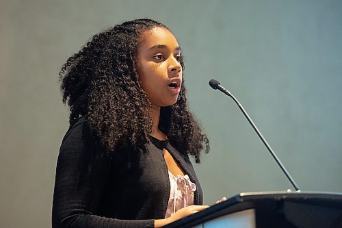 Mike Sudoma/Winnipeg Free Press
Young hockey player Adinah Sheppard talks to the audience about racial hardships she&#x2019;s faced while playing hockey after a viewing of Black Ice at the Canadian Museum of Human Rights Thursday evening
February 16, 2023 