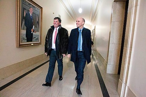 MIKAELA MACKENZIE / WINNIPEG FREE PRESS

Federal Minister of Intergovernmental Affairs, Infrastructure and Communities Dominic LeBlanc (left) and Federal Minister of Health Jean-Yves Duclos walk down the hall to meet with premier Heather Stefanson at the Manitoba Legislative Building in Winnipeg on Friday, Feb. 17, 2023.  For Danielle story.

Winnipeg Free Press 2023.