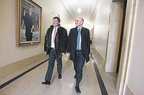 MIKAELA MACKENZIE / WINNIPEG FREE PRESS

Federal Minister of Intergovernmental Affairs, Infrastructure and Communities Dominic LeBlanc (left) and Federal Minister of Health Jean-Yves Duclos walk down the hall to meet with premier Heather Stefanson at the Manitoba Legislative Building in Winnipeg on Friday, Feb. 17, 2023.  For Danielle story.

Winnipeg Free Press 2023.