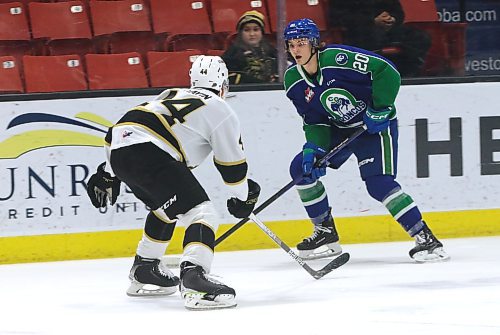 Swift Current Broncos forward Braeden Lewis (20) of Virden carries the puck into the Brandon zone as Wheat Kings defenceman Andrei Malyavin (44) keeps a close eye on him at Westoba Place last Tuesday. (Perry Bergson/The Brandon Sun)
