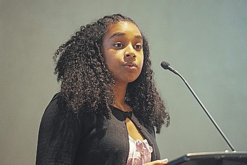 Mike Sudoma/Winnipeg Free Press
Young hockey player Adinah Sheppard talks to the audience about racial hardships she&#x2019;s faced while playing hockey after a viewing of Black Ice at the Canadian Museum of Human Rights Thursday evening
February 16, 2023 