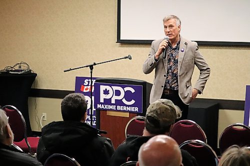 People’s Party of Canada leader Maxime Bernier addresses his supporters during a meet-and-greet event that took place at the Victoria Inn on Friday afternoon. This event marks the first time the PPC leader has visited Brandon since September 2021, when he organized a rally at Dinsdale Park to publicly fight back against COVID-19 mandates across the country. While Bernier repeated some of that same rhetoric during Friday’s meet-and-greet, he also used this event to recruit PPC candidates to run in a future federal election. Bernier told the Sun that his party already has 100 candidates ready to go and is hoping to find another 200 by the end of the year. (Kyle Darbyson/The Brandon Sun) 