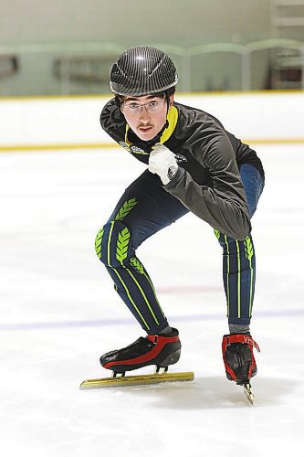 Adrian Lanoie of the Westman Speed Skating Club poses in his starting position at the Sportsplex on Sunday. (Perry Bergson/The Brandon Sun)