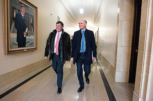 MIKAELA MACKENZIE / WINNIPEG FREE PRESS

Federal Minister of Intergovernmental Affairs, Infrastructure and Communities Dominic LeBlanc (left) and Federal Minister of Health Jean-Yves Duclos walk down the hall to meet with premier Heather Stefanson at the Manitoba Legislative Building in Winnipeg on Friday, Feb. 17, 2023.  For Danielle story.

Winnipeg Free Press 2023.