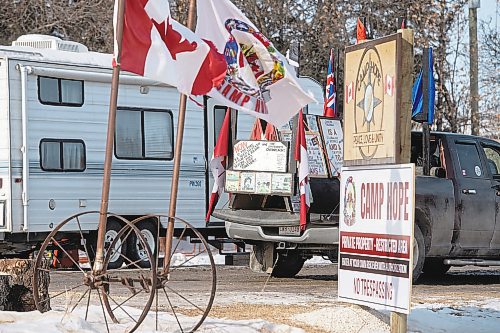 Mike Sudoma/Winnipeg Free Press
A truck with decorated with flags and signage enters Camp Hope Saturday morning 
February 18, 2023 