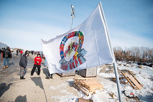 Mike Sudoma/Winnipeg Free Press
A Camp Hope flags flies at the camp&#x2019;s entrance Saturday
February 17, 2023 