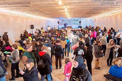 Mike Sudoma/Winnipeg Free Press
World Unity Convoy supporters congregate around an indoor stage where live music and speakers will be heard by both local and worldwide supporters
February 17, 2023 