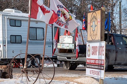 Mike Sudoma/Winnipeg Free Press
A truck with decorated with flags and signage enters Camp Hope Saturday morning 
February 17, 2023 