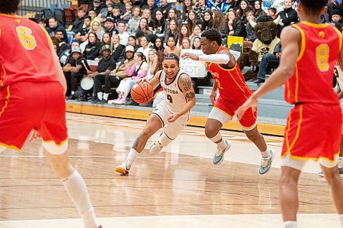 Mike Sudoma/Winnipeg Free Press
Bisons guard Elijah Lostracco goes up for a free throw as they play the Dinos at Investors Group Athletics Centre Saturday evening
February 18, 2023 