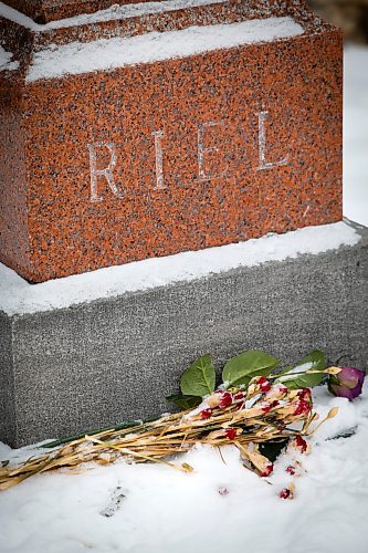 JOHN WOODS / WINNIPEG FREE PRESS
Some flowers were left at the grave of Louis Riel on Louis Riel Day at Saint Boniface Cathedral in Winnipeg, Monday, February 20, 2023.

Reporter: Pindera