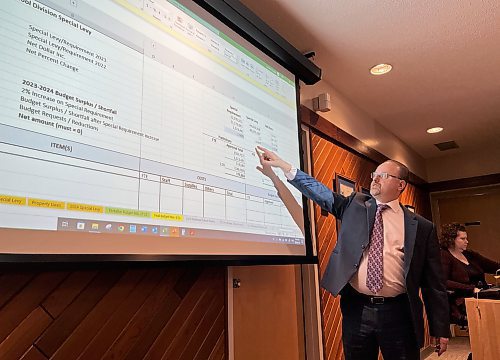 Brandon School Division secretary-treasurer Denis Labossiere explains the financial budget to the board of trustees during the preliminary budget presentation on Tuesday. (Michele McDougall/The Brandon Sun)