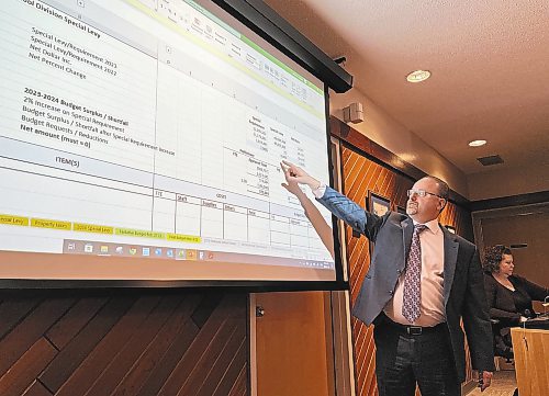 Brandon School Division secretary-treasurer Denis Labossiere explains the financial budget to the board of trustees during the preliminary budget presentation on Tuesday. (Michele McDougall/The Brandon Sun)
