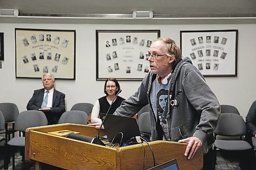Elliott Oleson makes a case for Brandon City Council to reject approving the $30-million loan for the southwest lift station project at Tuesday's meeting. (Photos by Colin Slark/The Brandon Sun)