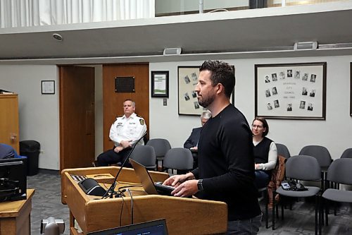 Steve McMillan of J&G Group advocates for the southwest lift station project at Tuesday's Brandon City Council meeting. (Colin Slark/The Brandon Sun)