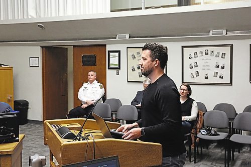 Steve McMillan of J&amp;G Group advocates for the southwest lift station project at Tuesday's Brandon City Council meeting. (Colin Slark/The Brandon Sun)