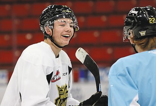 Brandon Wheat Kings forward Roger McQueen shares a laugh with teammate Evan Groening at practice at Westoba Place earlier this season. (Perry Bergson/The Brandon Sun)