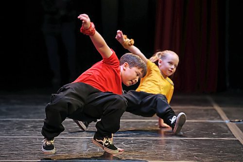 Mason Mcniven and Isabelle Zalischuk perform together in the Hip Hop Duo, Own Choice, 10 Years & Under category during the dance portion of the Festival of the Arts at the Western Manitoba Centennial Auditorium on Wednesday. 
(Tim Smith/The Brandon Sun)