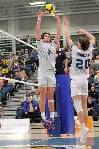 JJ Love sets Paycen Warkentin during the a Bobcats men's volleyball match earlier this season. Warkentin may return from a four-match absence for today's quarterfinal match at Trinity Western. (Thomas Friesen/The Brandon Sun)