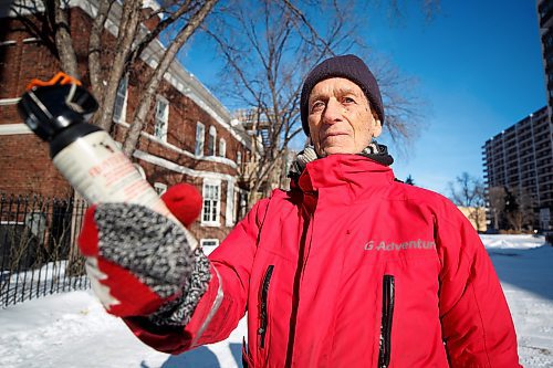MIKE DEAL / WINNIPEG FREE PRESS
Sel Burrows, community activist, holds a can of bear spray that he purchased many years ago when he started trying to get it regulated in the province.
See Erik Pindera story
230222 - Wednesday, February 22, 2023.