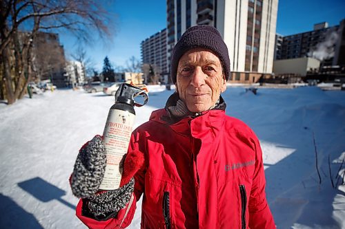 MIKE DEAL / WINNIPEG FREE PRESS
Sel Burrows, community activist, holds a can of bear spray that he purchased many years ago when he started trying to get it regulated in the province.
See Erik Pindera story
230222 - Wednesday, February 22, 2023.
