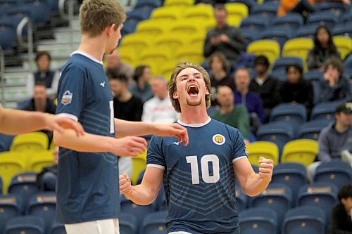 Max Brook celebrates a point during a Brandon University Bobcats men's volleyball match against the MacEwan Griffins earlier this season. No one celebrates points quite like the Oakbank product. (Thomas Friesen/The Brandon Sun)