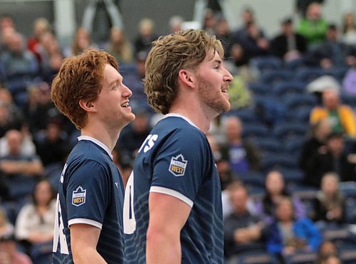 Max Brook, right, joined the Bobcats in 2018 with Rylan Metcalf and the duo leaves together after this post-season. (Thomas Friesen/The Brandon Sun)