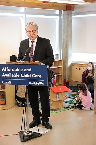 TYLER SEARLE / WINNIPEG FREE PRESS
Liberal member of Parliament Dan Vandal speaking during a childcare funding announcement at the SPLASH Child Enrichment Centre at 363 McGregor St. on Feb. 23, 2023. The provincial and federal governments have committed a combined $60 million toward improving childcare infrastructure and staff retention.