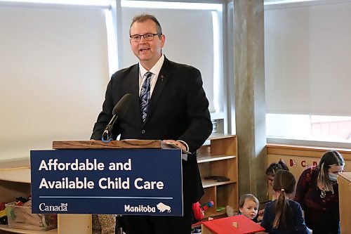 TYLER SEARLE / WINNIPEG FREE PRESS
Manitoba Education and Early Childhood Learning Minister Wayne Ewasko speaking during a childcare funding announcement at the SPLASH Child Enrichment Centre at 363 McGregor St. on Feb. 23, 2023. The provincial and federal governments have committed a combined $60 million toward improving childcare infrastructure and staff retention.
