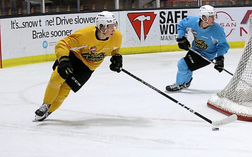 Brandon Wheat Kings co-captain Nate Danielson, shown circling the net at practice at Westoba Place on Thursday afternoon with Caleb Hadland in pursuit, is friends with Regina Pats forward Connor Bedard and said he&#x2019;s a special player. The two teams meet tonight at 7 o&#x2019;clock. (Perry Bergson/The Brandon Sun)
