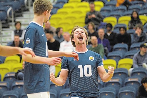 Max Brook celebrates a point during the Brandon University Bobcats men's volleyball match against the MacEwan Griffins earlier this season. No one celebrates points quite like the Oakbank product. (Thomas Friesen/The Brandon Sun)