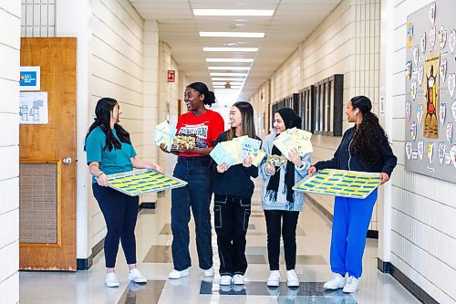 MIKAELA MACKENZIE / WINNIPEG FREE PRESS

Youth Community students Harleen Brar (left), Elizabeth Oguntola, Nancy Pham, Nigha Haq, and Rose Woldemariam pose for a photo with items that will go into the packages they are making for Ukrainian newcomers at Kildonan-East Collegiate in Winnipeg on Wednesday, Feb. 22, 2023. For &#x460;story.

Winnipeg Free Press 2023.