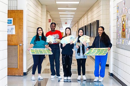 MIKAELA MACKENZIE / WINNIPEG FREE PRESS

Youth Community students Harleen Brar (left), Elizabeth Oguntola, Nancy Pham, Nigha Haq, and Rose Woldemariam pose for a photo with items that will go into the packages they are making for Ukrainian newcomers at Kildonan-East Collegiate in Winnipeg on Wednesday, Feb. 22, 2023. For &#x460;story.

Winnipeg Free Press 2023.