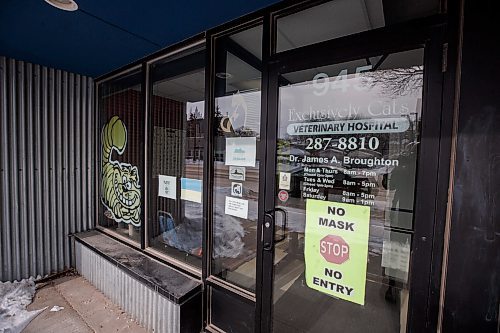 MIKE DEAL / WINNIPEG FREE PRESS
Signs and a Ukrainian flag in the window of Exclusively Cats Veterinary Hospital at 945 Corydon Avenue showing support for Ukraine.
230223 - Thursday, February 23, 2023.
