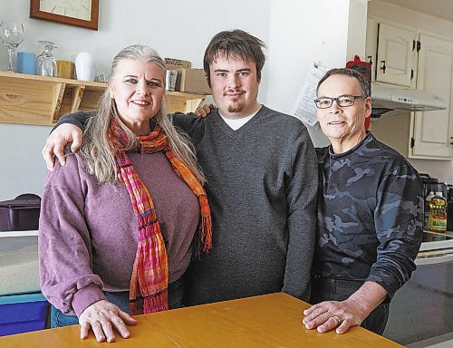 MIKE DEAL / WINNIPEG FREE PRESS
(From left) Kathleen Hodgson, son Luke, and husband David. Luke has been attending drama classes through Inclusion Arts Winnipeg which offers a variety of arts programs for people with intellectual disabilities. From drama, story-telling and improv, to musical theatre, art and puppet-making, Inclusion Arts offers sessions throughout the year and an annual two-day arts festival. Participants thrive, building confidence and communication skills, making connections, and being seen, heard and accepted.  
See Janine LeGal story
230222 - Wednesday, February 22, 2023.