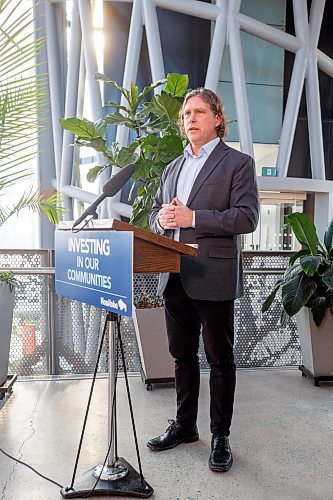 MIKE DEAL / WINNIPEG FREE PRESS
Mayor Jeff Fawcett, City of Brandon, speaks during Premier Heather Stefanson announcement at a media event in The Leaf at Assiniboine Park Friday morning, that the Manitoba government will be increasing the municipal operating basket funding by 28 per cent which will provide an additional $47 million in the 2023 municipal fiscal year.
230224 - Friday, February 24, 2023.