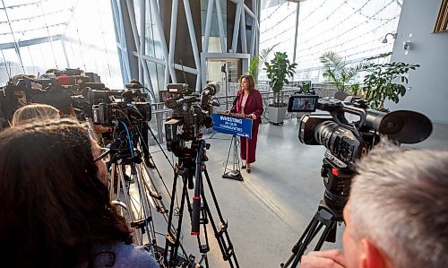 MIKE DEAL / WINNIPEG FREE PRESS
Premier Heather Stefanson announces at a media event in The Leaf at Assiniboine Park Friday morning, that the Manitoba government will be increasing the municipal operating basket funding by 28 per cent which will provide an additional $47 million in the 2023 municipal fiscal year.
230224 - Friday, February 24, 2023.