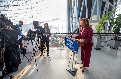 MIKE DEAL / WINNIPEG FREE PRESS
Premier Heather Stefanson announces at a media event in The Leaf at Assiniboine Park Friday morning, that the Manitoba government will be increasing the municipal operating basket funding by 28 per cent which will provide an additional $47 million in the 2023 municipal fiscal year.
230224 - Friday, February 24, 2023.