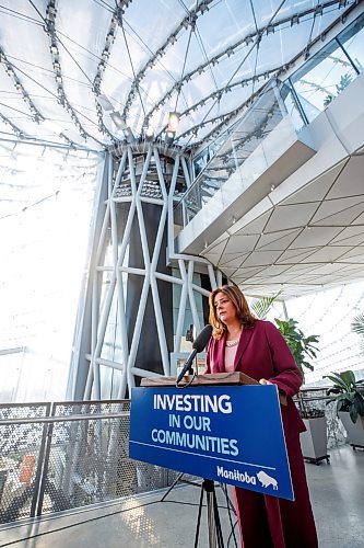 MIKE DEAL / WINNIPEG FREE PRESS
Premier Heather Stefanson announces at a media event in The Leaf at Assiniboine Park Friday morning, that the Manitoba government will be increasing the municipal operating basket funding by 28 per cent which will provide an additional $47 million in the 2023 municipal fiscal year.
230224 - Friday, February 24, 2023.