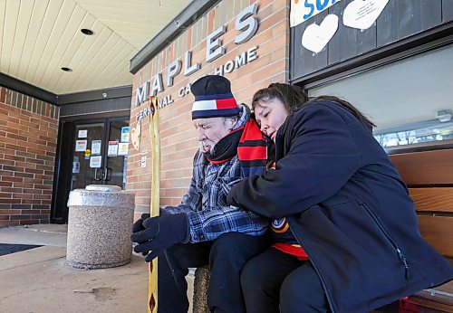 RUTH BONNEVILLE / WINNIPEG FREE PRESS 

LOCAL - Maple PCH

Photo of Dee Dee Andrews and her father Lloyd Bone, outside on the bench at the Maples Care Home before taking her father out for the morning.   

She is upset about the unclean conditions her father has been in and lack of care at the Maples PcH 

Rollason story


Feb 24th,  2023
